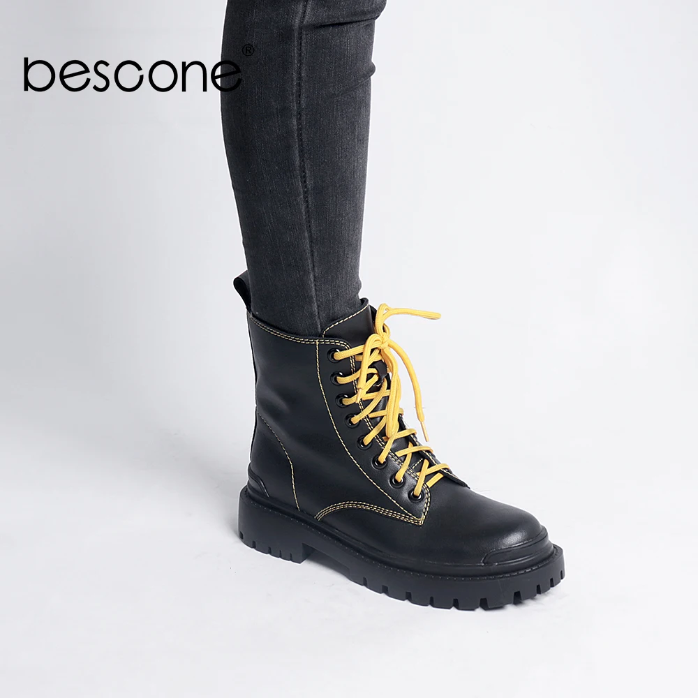 

Bescone Martin Boots Woman Winter Warm Black Genuine Leather Mid-calf Boots Ladies Cross-tied High Platform Sewing Boots BC771