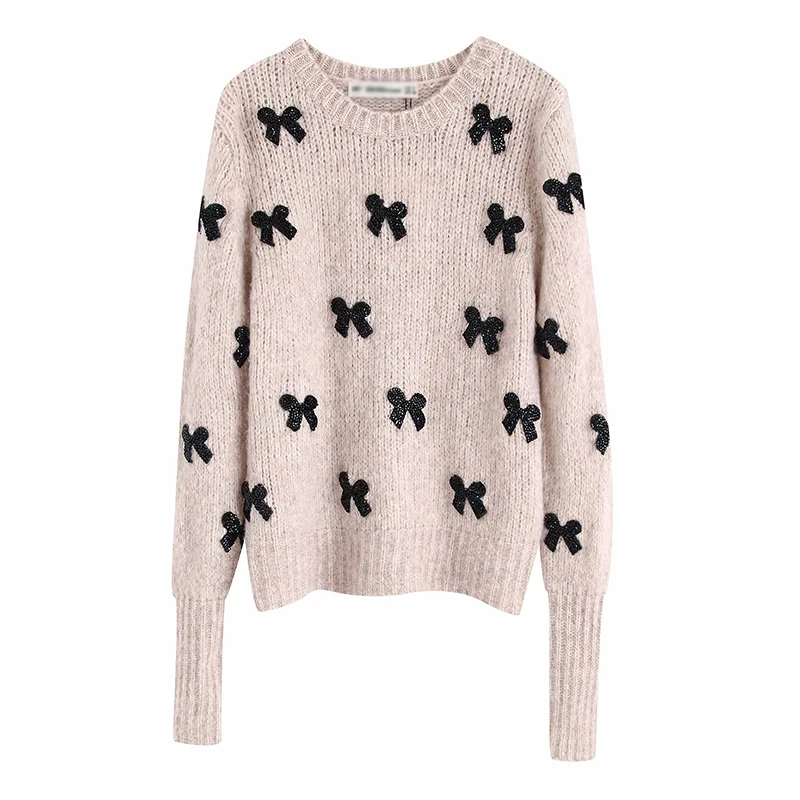 

Women Sweet Knitted Sweaters Beading Bow Tie Decorate Stretchy Pullovers Cute Warm Blouse FFZSY512