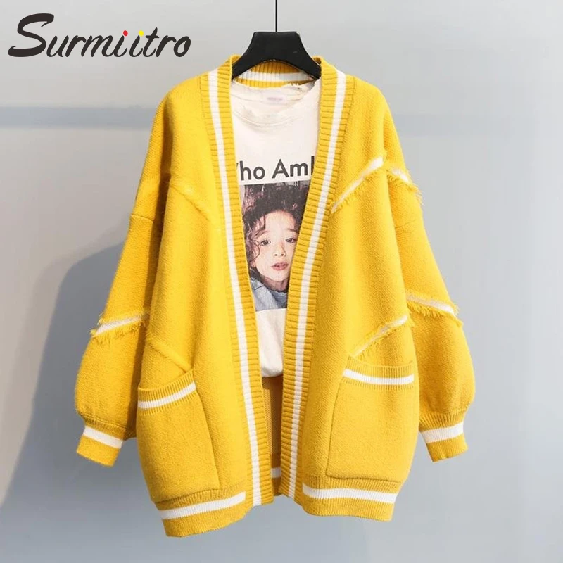 Женский вязаный кардиган SURMIITRO, синий желто-белый свитер, корейский стиль с длинным рукавом кардиган для женщин осень зима