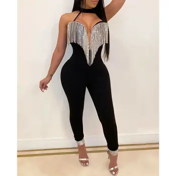 

Women Jumpsuit Beaded Tassel Romper Long Sleeve Pants Hang Neck Hollow Out Black Slim Playsuit Clubwear Trousers Outfit