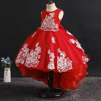 

Elegant Red Girls Dress Asymmetrical New Arrival Party Gown Mesh Cheongsam Stage Performance Clothing Children Cosplay Costume