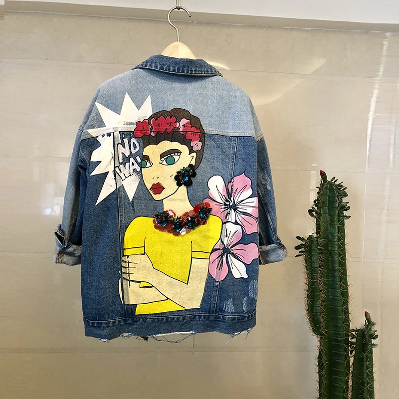 Net red denim jacket female 2020 spring new hit color heavy handmade bead hole raw edge casual | Женская одежда