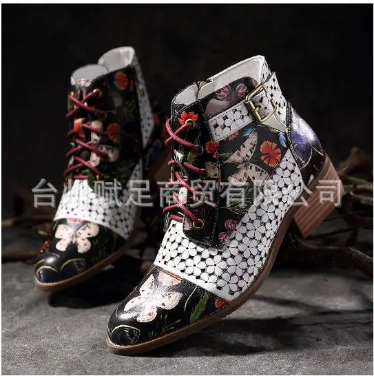 Ботинки с цветочным узором и чернилами; женская обувь из коровьей кожи со шнуровкой; Botas Feminina Dames Laarzen; ботильоны; BootA729 - Цвет: Mixed