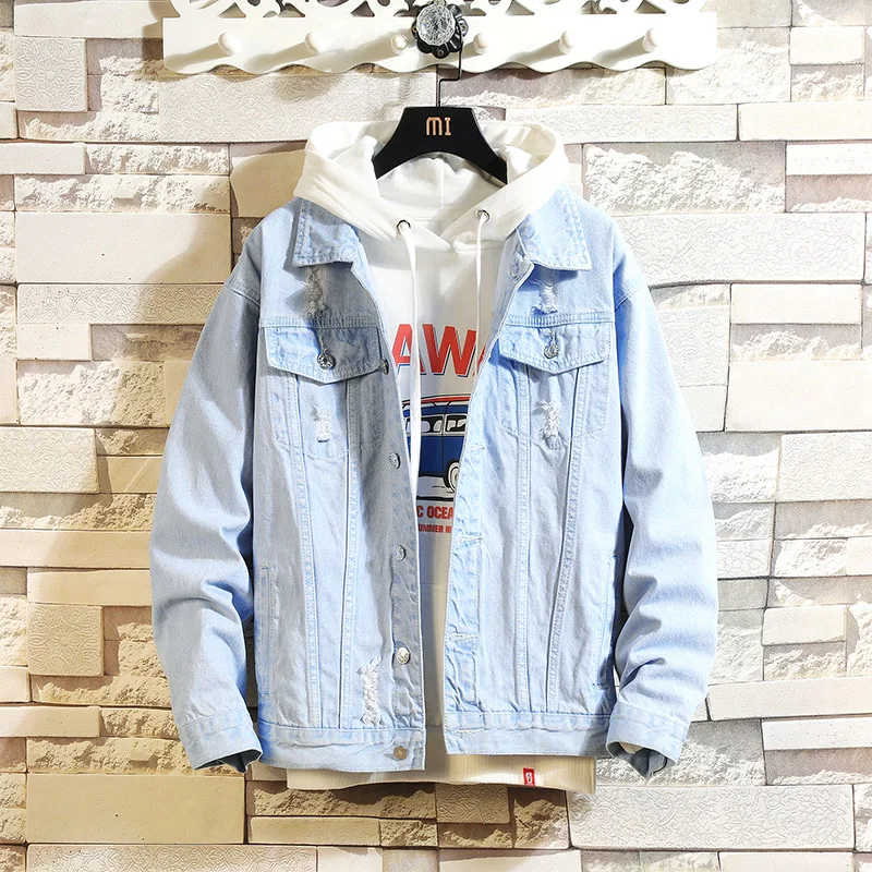 

HCXY2019 autumn hole hole denim outside D sets of men's Korean version of the trend handsome Harajuku wind jacket men