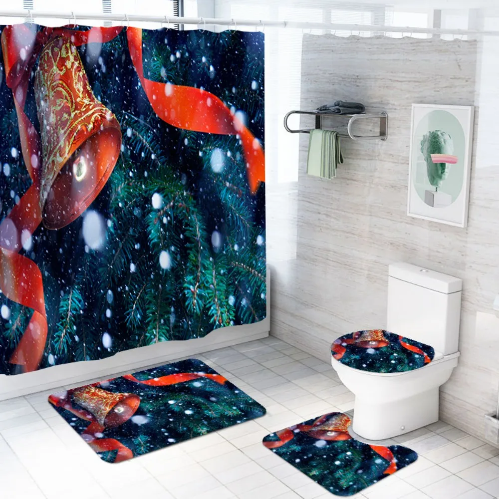 

Xmas Bathroom Set Christmas Tree with Bell Snowflake Print Toilet Lid Cover Rugs Mat Waterproof Bath Curtain 4 Piece for Home
