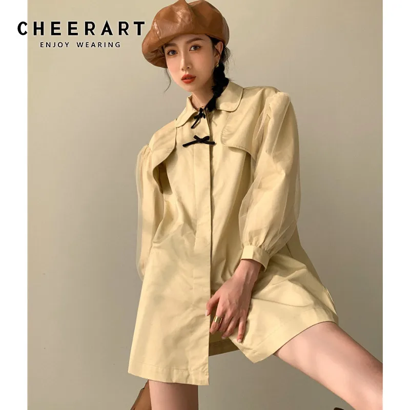 

CHEERART, сетчатые короткие дизайнерские пальто и куртки цвета хаки с буффами на рукавах и бантом, осенняя одежда 2020