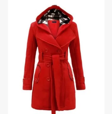 Новое осенне-зимнее женское двубортное пальто с капюшоном, длинная куртка, шерстяная верхняя одежда - Цвет: Red