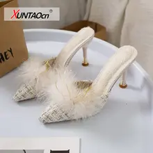 

2020 Spring Autumn Shoes Woman Feather Thin High Heels Fur Slippers Pointed Toe Mules Lady Pumps Slides Shoes