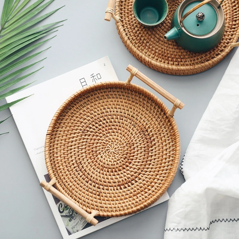 

Rattan storage tray with round basket hand-woven rattan tray wicker basket bread fruit food breakfast display rack dustpan CM001