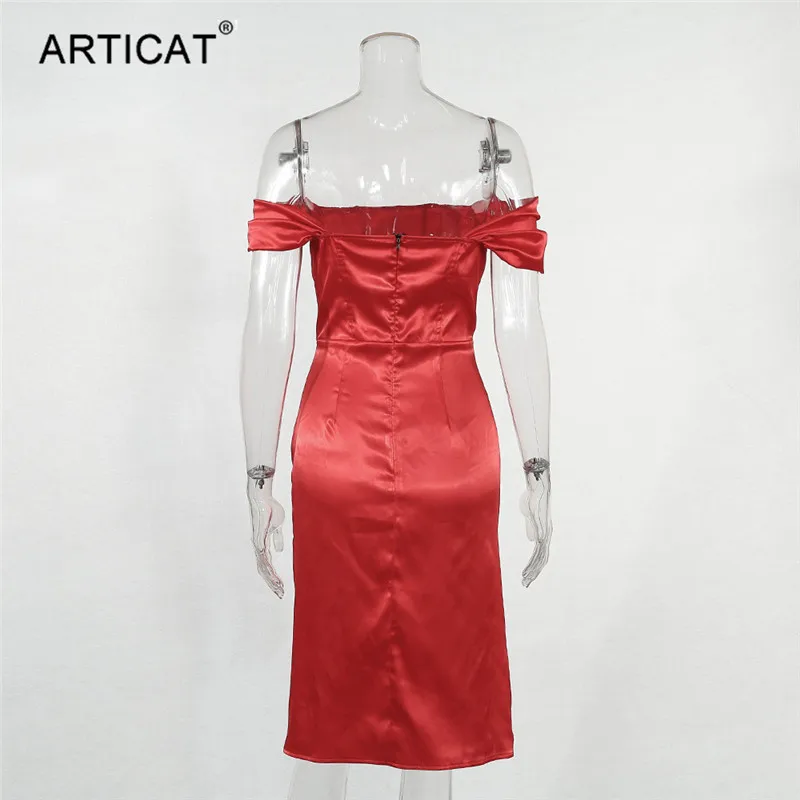 Articat, сексуальное, необычное, с открытыми плечами, красное платье, женское, без бретелек, с разрезом, миди, сатиновое платье для женщин,, элегантные, вечерние, для клуба, Vestidos