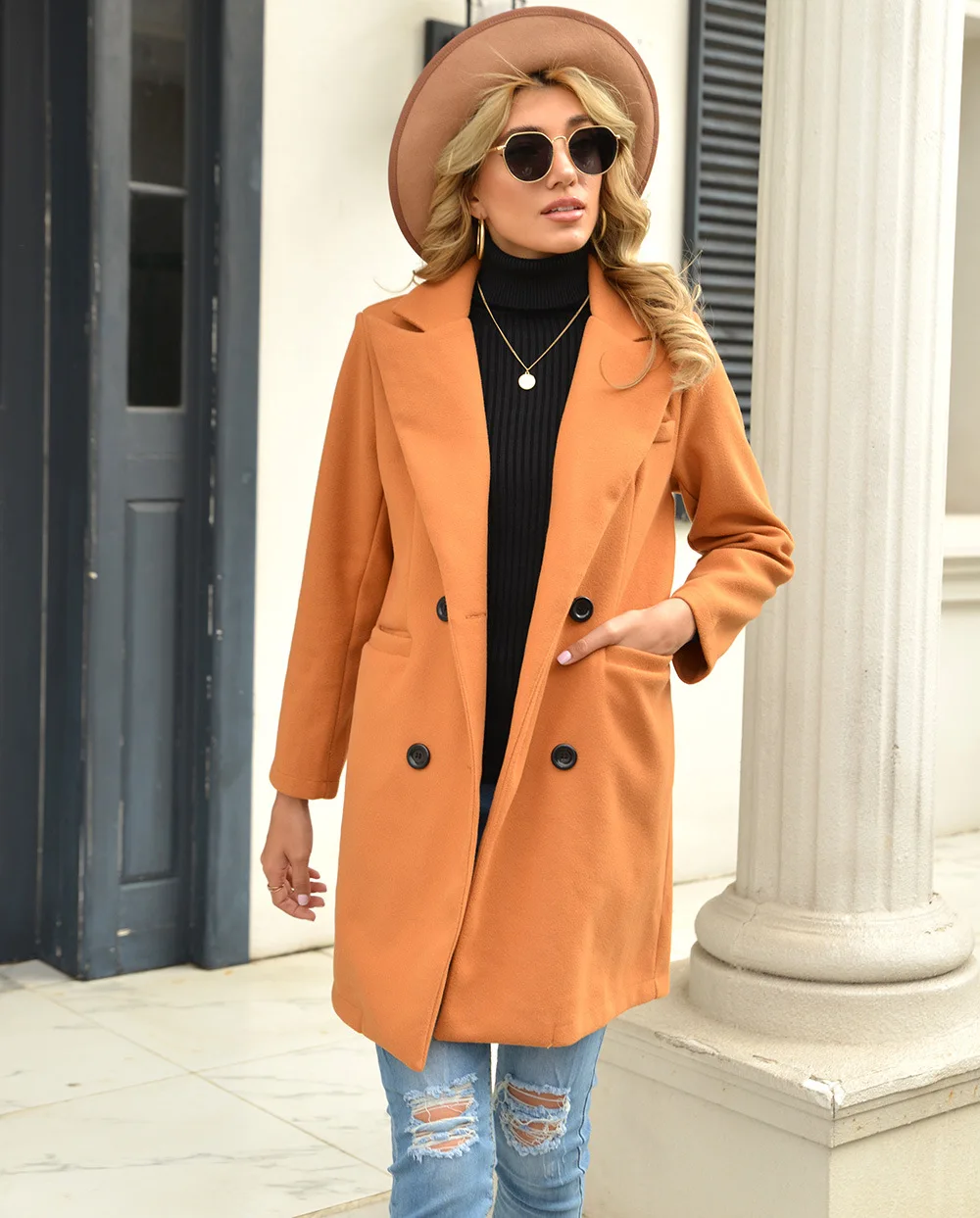 Women's Autumn and Winter Long Lapel Woolen Woolen Coat