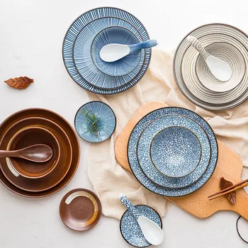 

Ceramic Japanese Tableware Set Dinner Plate Classical Dessert Plate Sushi Plate cake dish Rice Soup Bowl