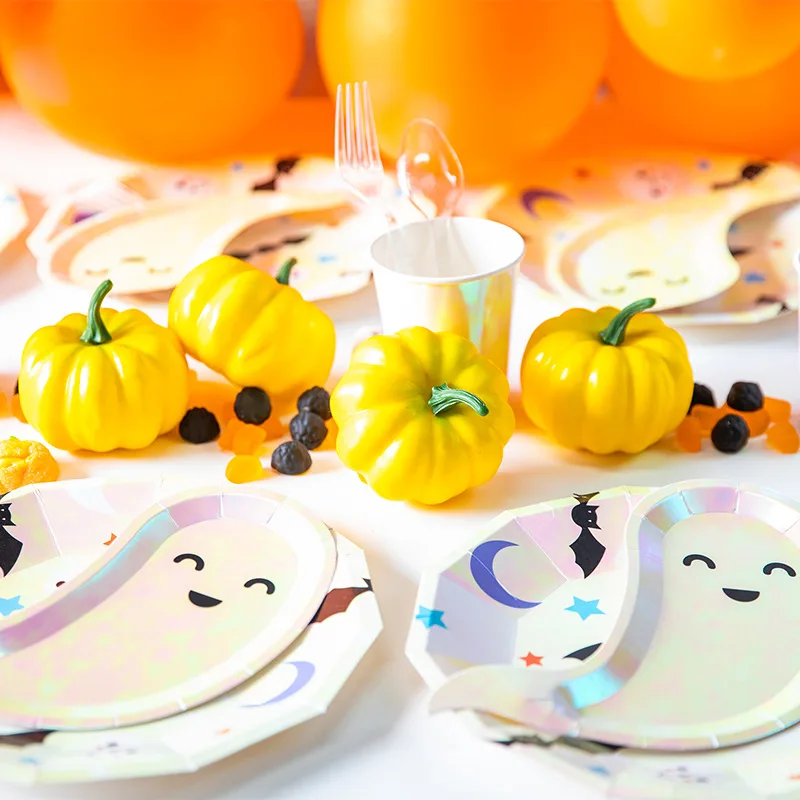 40pcs/set Halloween Party Paper Plate Disposable Cute Ghost Paper Dishes Kids Theme Party Supplies Home Decor Creative Tableware