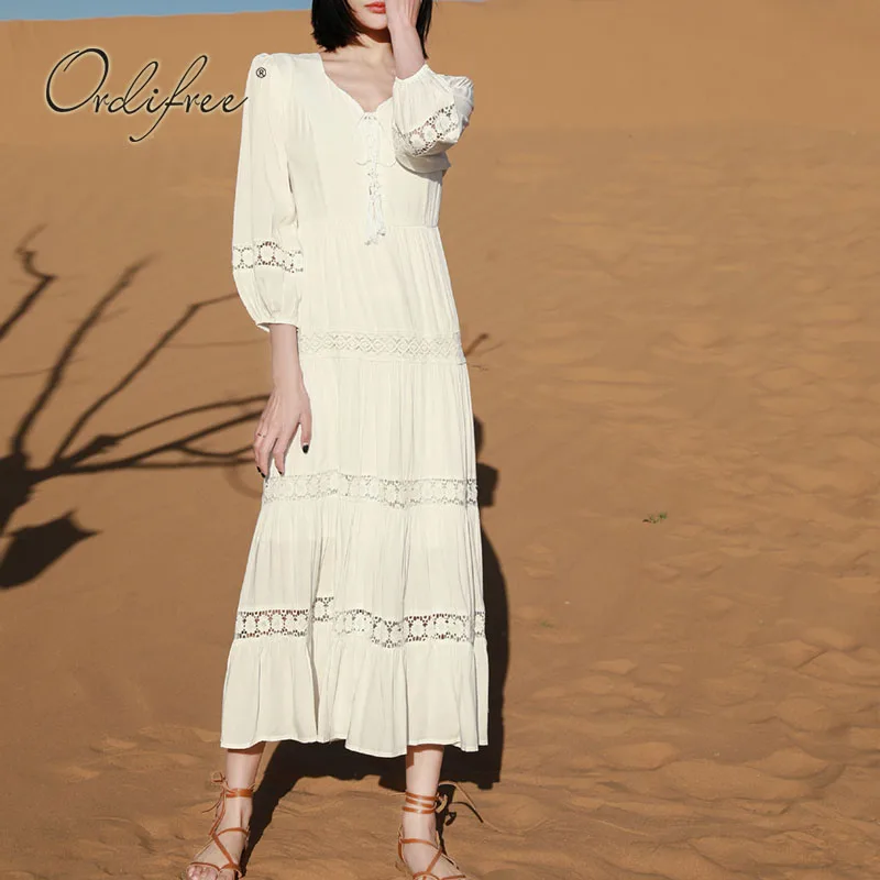 

Ordifree 2022 Summer Vocation Women Maxi Beach Dress Long Sleeve Vintage White Lace Crochet Long Party Dress