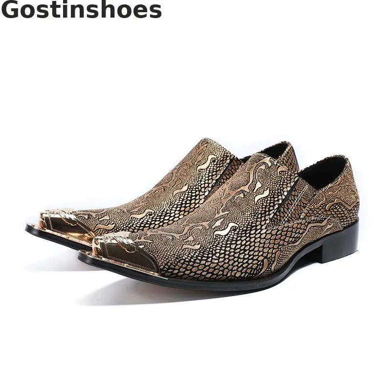 

Luxury Golden Snakeskin Printed Genuine Leather Shoes Men Golden Metal Capped Toe Pointed Slip-on Men Casual Shoes Oxfords Men