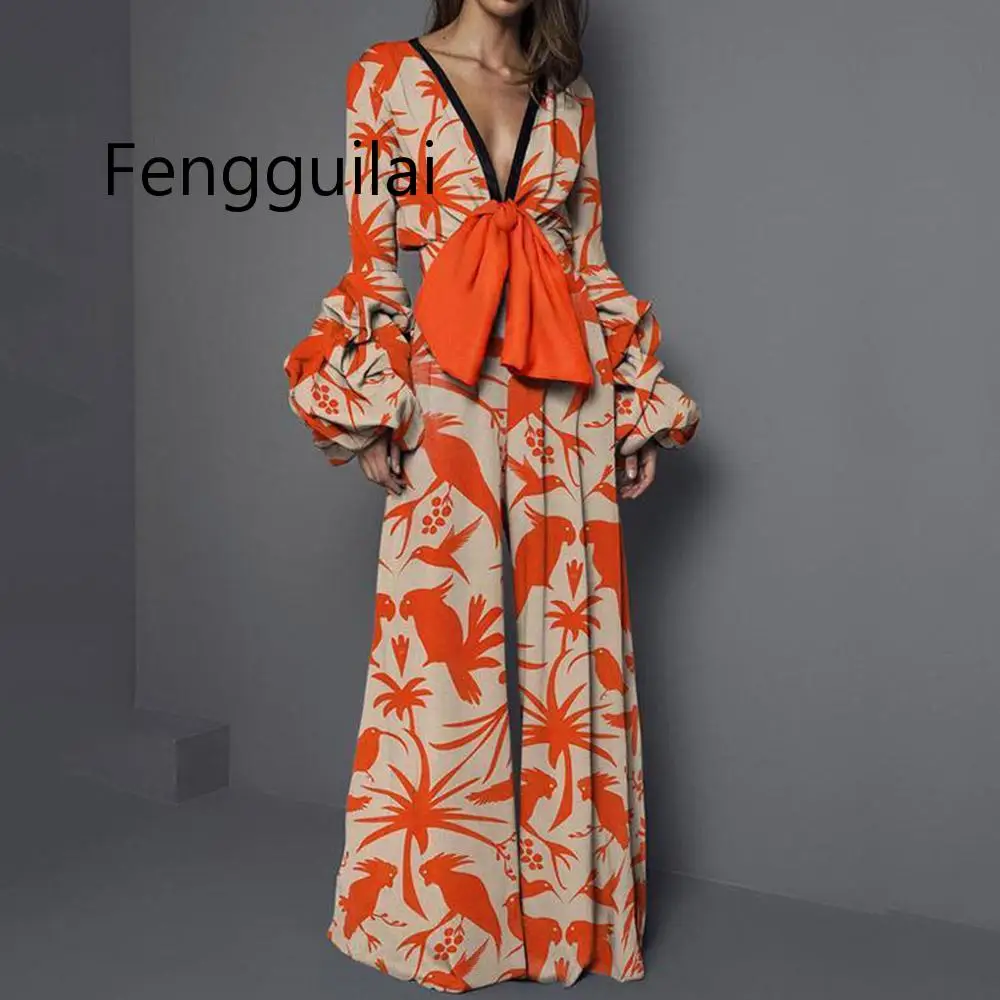 

Floral Print V Neck Sexy Jumpsuit Women Romper Elegant Wide Leg Pants Fall Long Sleeve Jumpsuits Fashion Vintage Ladies Overalls