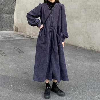 

Women Spring Cordoroy V Neck Thick Long Sleeve Long Shirt Dress Vintage A-line High Waist Pocket Loose Plus Size Dresses