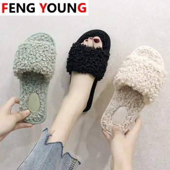 

2020 winter Woman Slippers Fluffy Faux Fur Sandals Cute Plush Flip Flops Women Cross Transparent Slides Lady Outdoor Flat Shoes