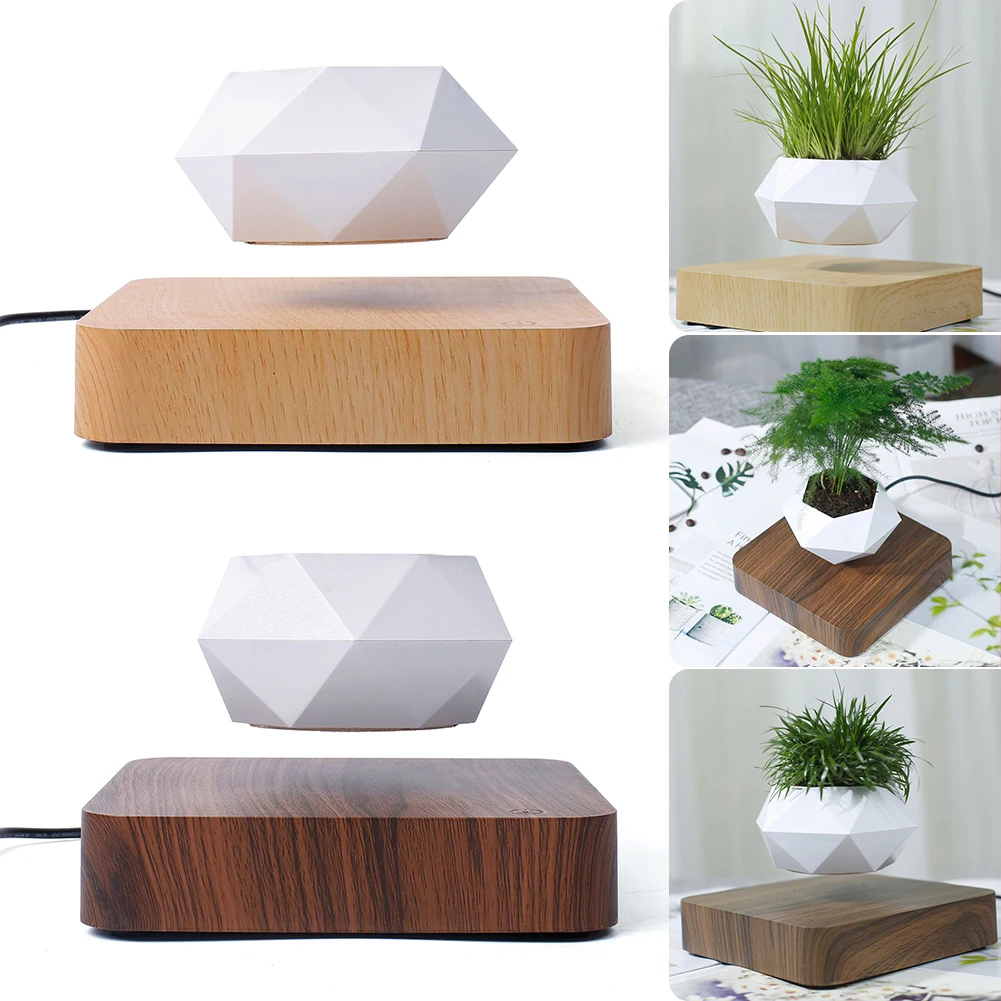 

Rotating Flower Pot Magnetic Floating Potted Plant Home Desktop Decoration Wood Grain Plant Flower Pot(Without plants)