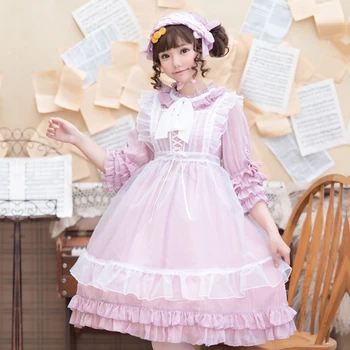 

Japanese Girls Pink Lolita Dress + White Apron OP Lolita Dress Cosplay Maid Costume Dress Loli Lol Suits with Headband