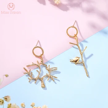 

New Arrival Cute Metal Tree Branches Bird Drop Earrings Mis-match Earrings Lovely Charms