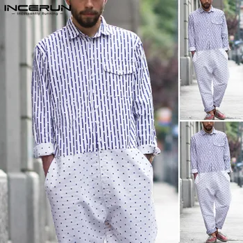 

INCERUN Fashion Men Jumpsuit Printed Patchwork Joggers Button Long Sleeve Lapel Pants Men Overalls 2019 Loose Rompers Streetwear