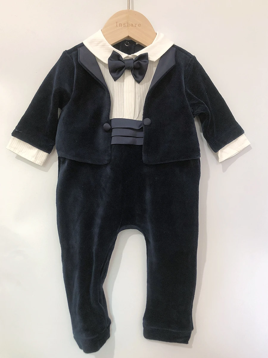 Autumn Winter Children Boutique Clothing Baby Boy Rompers Long Sleeve Velvet Jumpsuit Gentle Boy Birthday Prince Suit Handsome