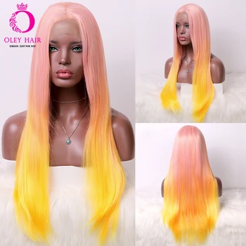 

OLEY Hair Long Yellow Pink Wig Glueless Synthetic Lace Front Wig Heat Resistant Middle Part Cosplay Ombre Wigs For Black Women