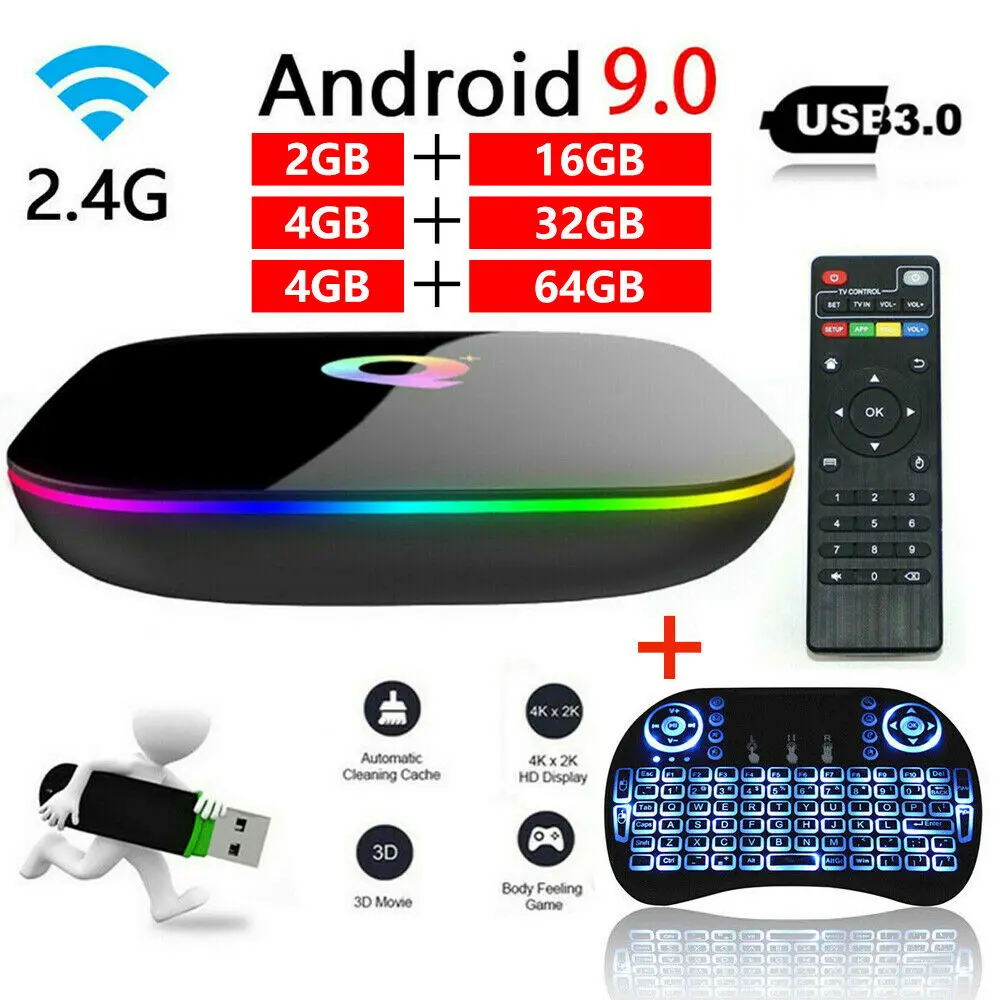 ТВ приставка Q plus Android 9 0 с клавиатурой 16 ГБ 32 64 Гб ПЗУ 1080P H.265 4K 2 4G Wi Fi смарт