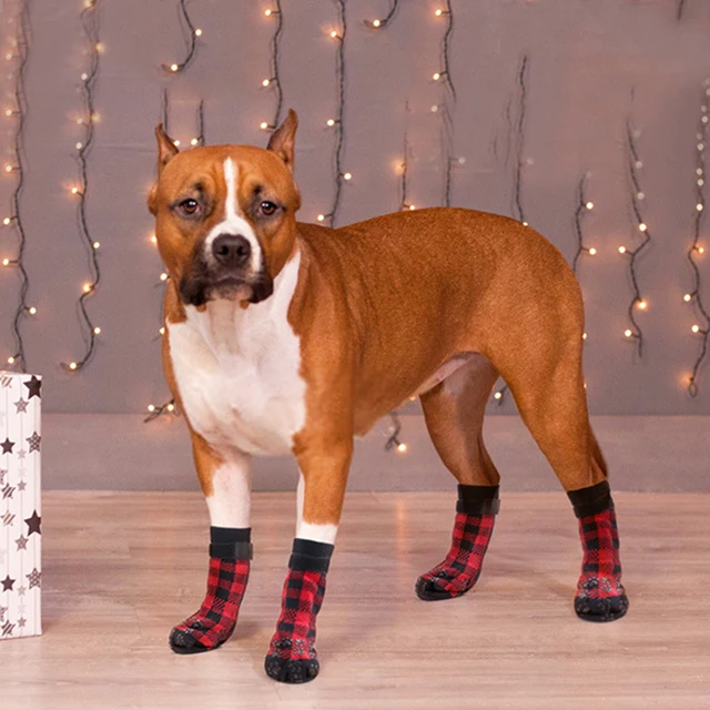 4pcs Christmas Cute Plaid Warm Puppy Dog Socks Pet Knits Socks Anti Slip Socks Puppy Dog Shoes Small Medium Dogs Pet Product 4