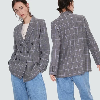 

ZA 2020 Spring Lattice Suit Jacket Double-breasted Suit Lapel Long Sleeve Regular Section Fashion Temperament Blazer