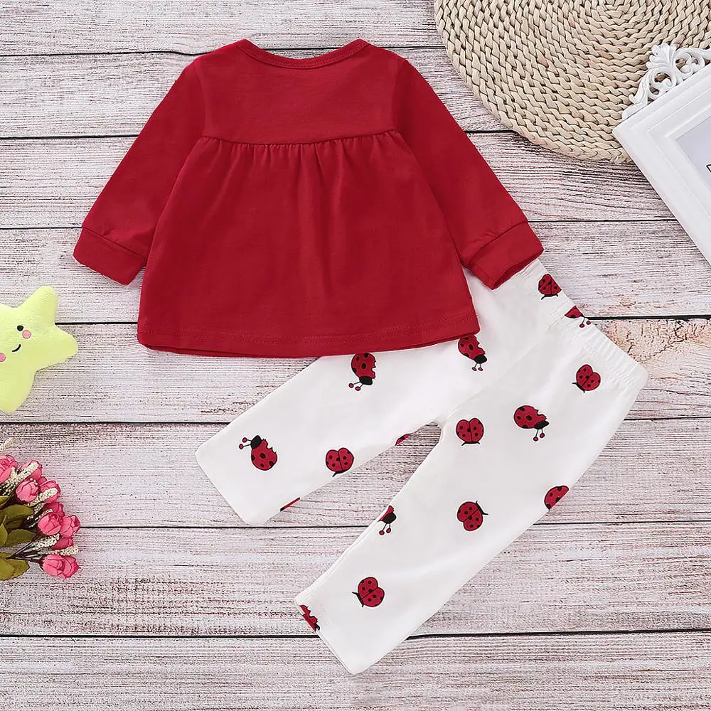 Y834 Children's spring suits 100% cotton Cute Girl baby Long Sleeve Ladybug Print Top + Trousers Set