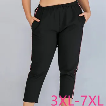 

2020 summer plus size pencil pants for women slim casual elastic waist thin stripe long trousers gray black 3XL 4XL 5XL 6XL 7XL