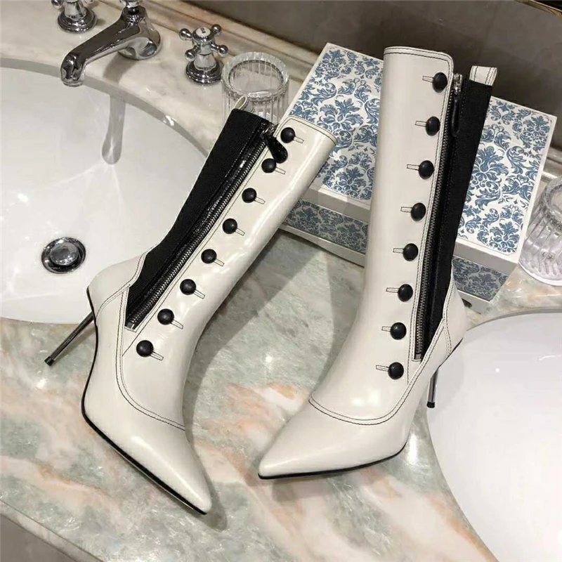 Buono Scarpe/женские ботинки средней высоты на металлическом каблуке-шпильке с острым носком; Botas Mujer; обувь для вечеринок из натуральной кожи; ботинки на молнии на каблуке