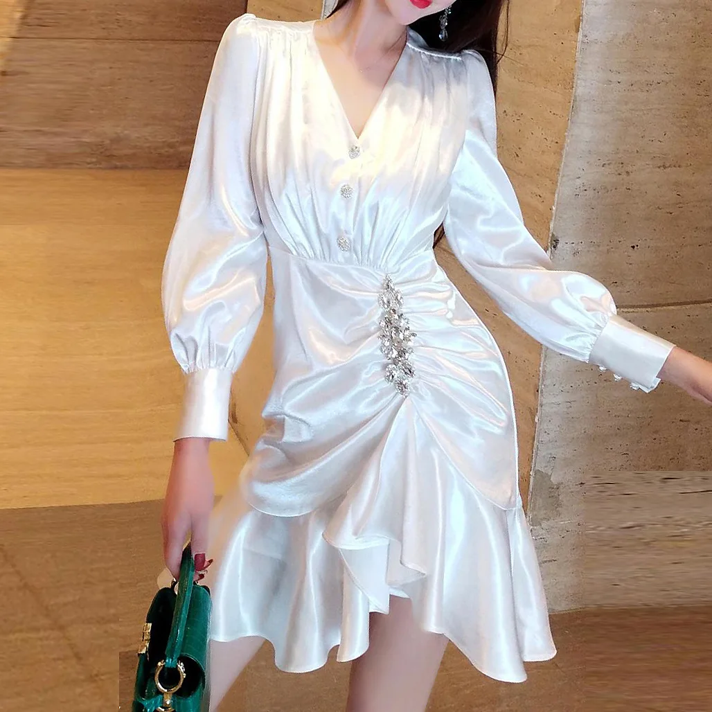 

Women's dress 2023 French Retro Dress V-neck Waistband Slim Ruffle Party Dresses White Fairy платье женское 9282