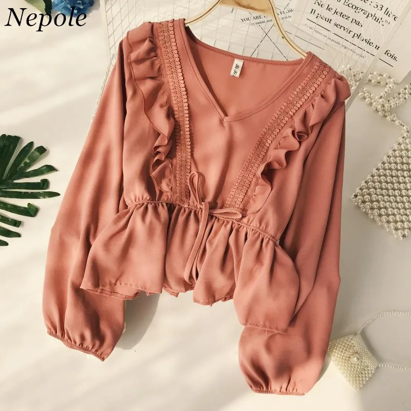

Neploe 2019 Spring Autumn Drawstring Sash Ruffles Women Blouse V-Neck Lace Patchwork Vintage Blusa Solid Fashion Tops Lady Shirt