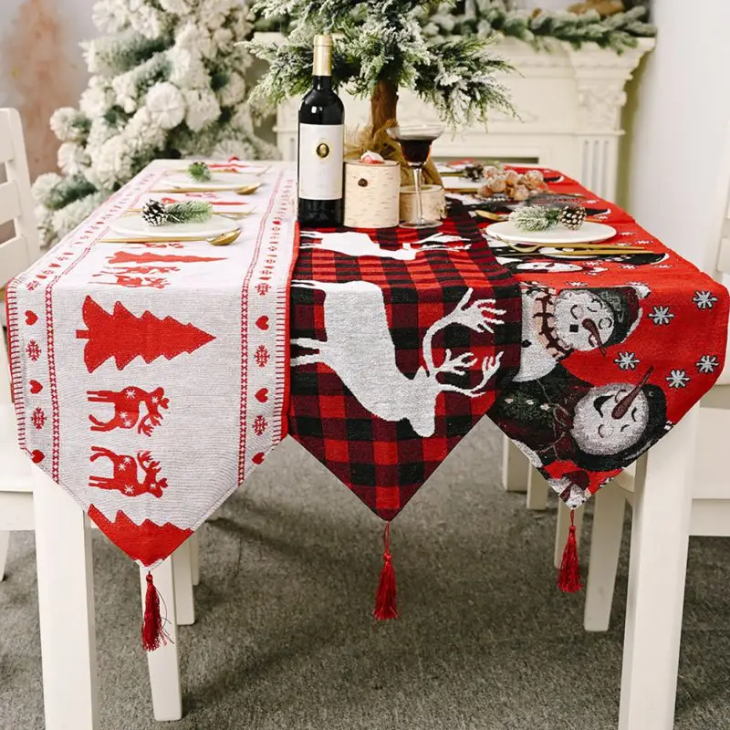 

G Extra Long Christmas Snowman Table Decorations Dining Reindeer Table Runner In Modern Reindeer Design With Tassels 71 Inches