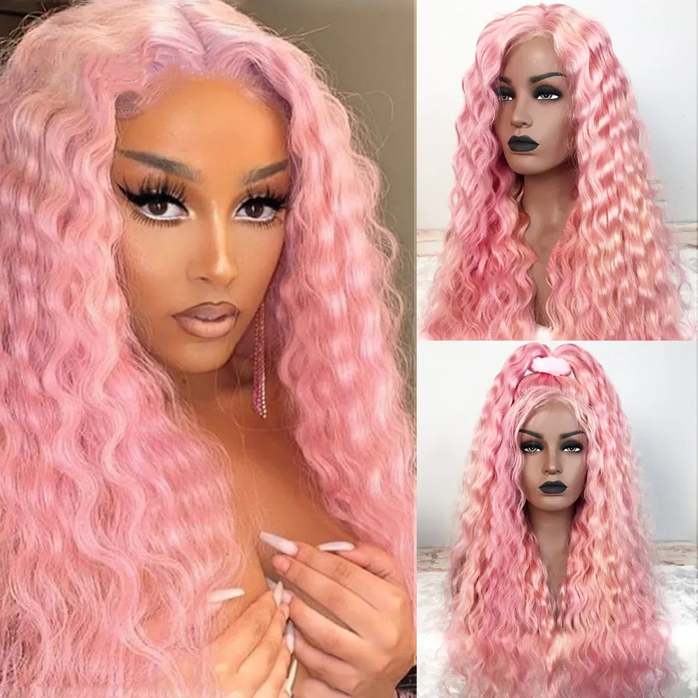 Pink Wave Curly Brazilian Wavy Human Hair Lace Front Wig Long Deep