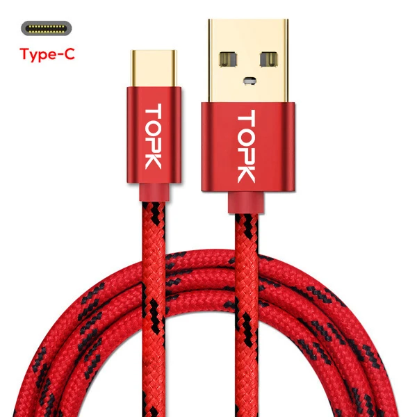 TOPK usb type C кабель, ультра прочный нейлоновый плетеный кабель для быстрой зарядки USB C для MacBookXiaomi 4C/Letv и т. Д - Цвет: Красный