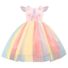 Летнее платье-пачка с единорогом для девочек нарядное платье принцессы радужной расцветки, детское праздничное платье праздничные платья для девочек на день рождения детская одежда 4, 5, 6, 8