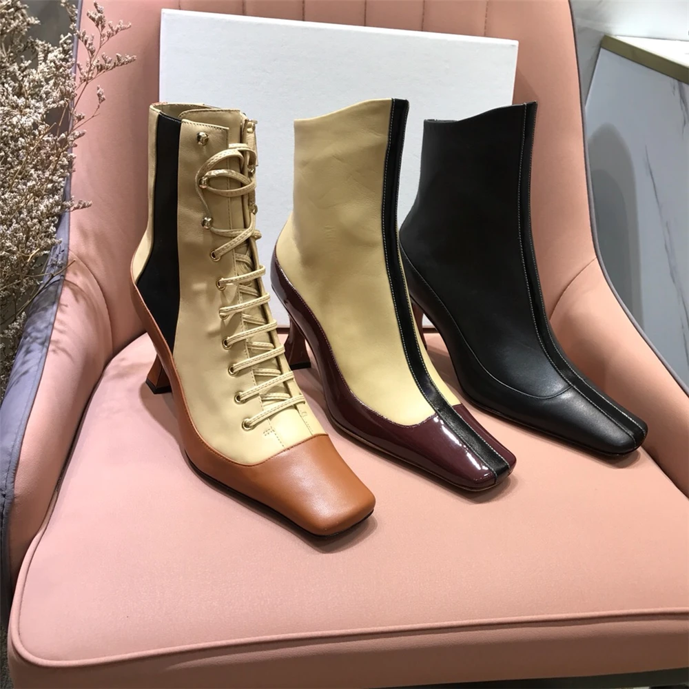 

Women Mixed Color Ankle Boots Genuine Leather Square Toe Boots Female Lace Up High-heeled Boots High Quality Size34-40