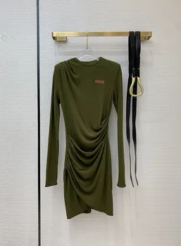 

Luxury Soft Pleated Shirt Dress for Women 2020 Autumn New Fashion Irregular Folding Shoulder Pads Waist Long Sleeve Mini Dresses