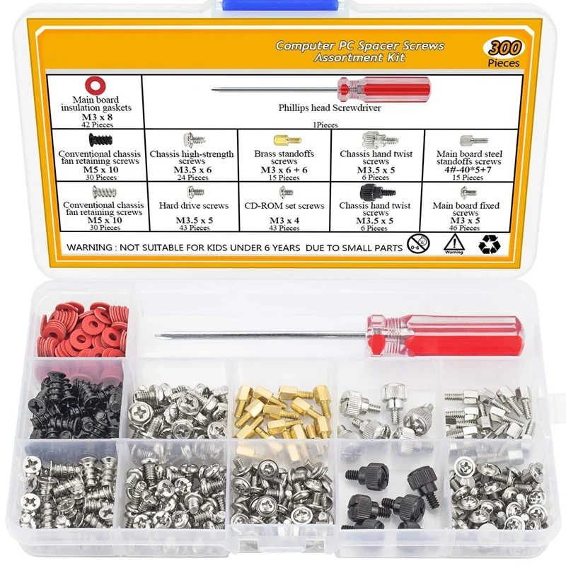 

300Pcs Personal Computer Screw Standoffs Set Assortment Kit with a Screwdriver for Hard Drive Computer Case Motherboard Fan Powe