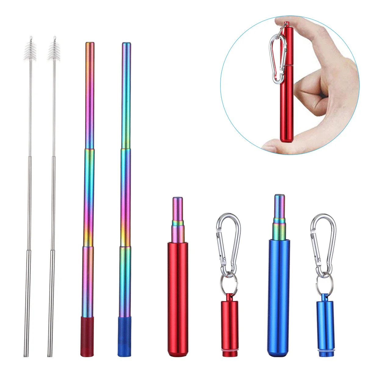 

Collapsible Reusable Straws Portable Stainless Steel Metal Straw Travel Telescopic Drinking Straw with Case Brush & Keychain