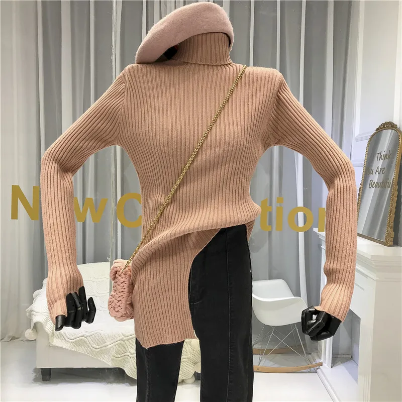 ALPHALMODA Turtle Neck Long-sleeved Irregular Slim Sweater Solid Color Sense Pullover Trendy Women Knitting Jumper