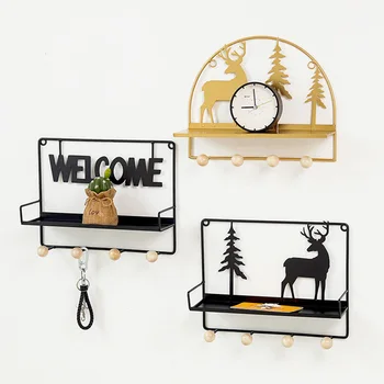 

Nordic Simple Wrought Iron Shelf Storage Rack with 4 Hooks Wall Decor Home Supplies HYD88