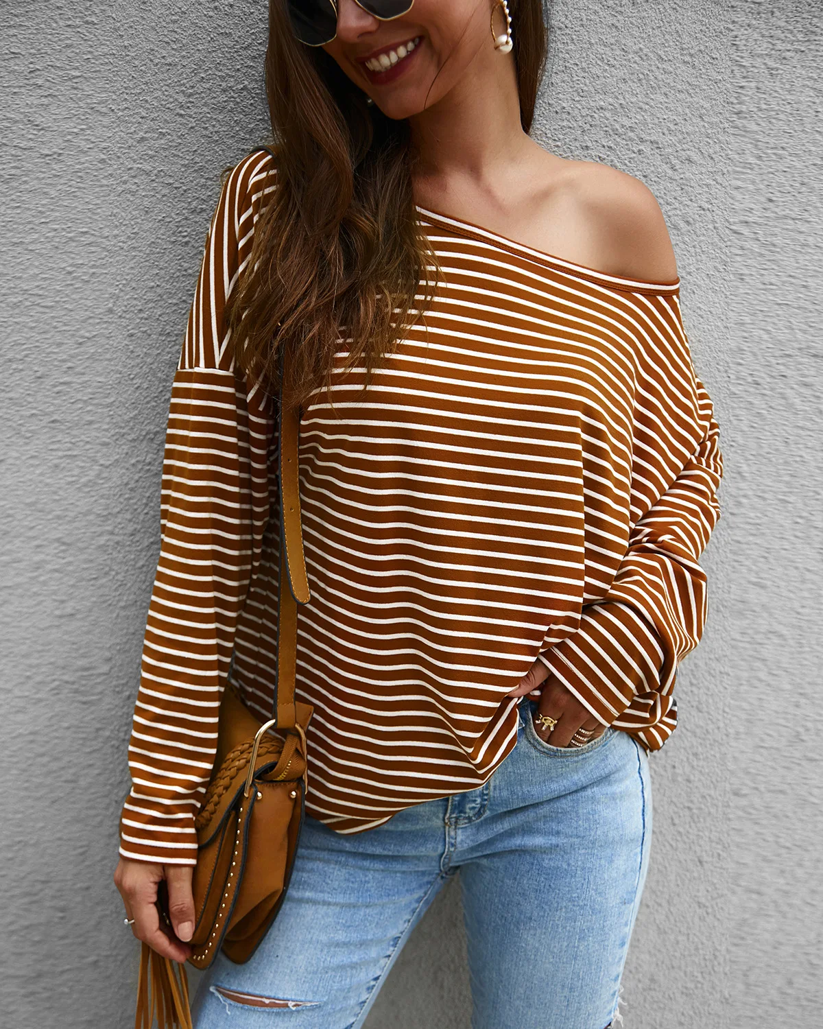GUMNHU Womens Tops and Blouses Off Shoulder Top Boho Knitted O-Neck Streetwear Striped Femininas Elegante Long Sleeve Blusas