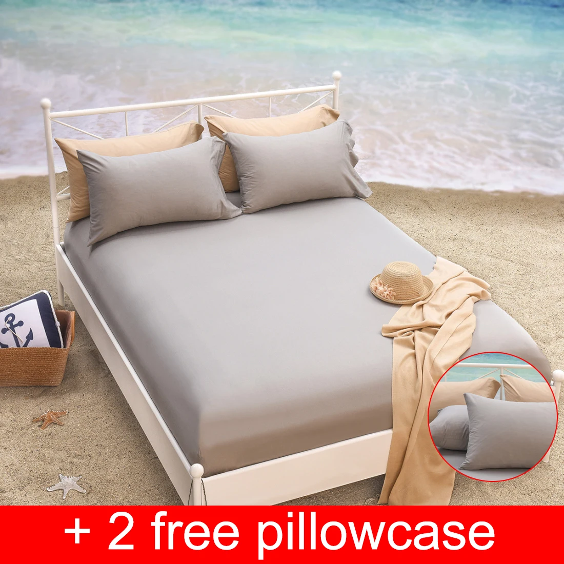 

Fitted Sheet with 2 Pcs Free Pillowcase 100% Cotton Grey Solid Color Elastic Bed Cover Thicken King Queen Size Bed Sheet Yaapeet