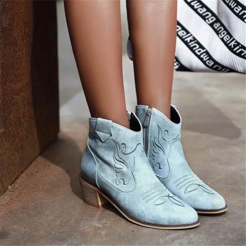 

2019 Pointed Toe Western Cowgirl Boots Cowboy Boots Shoes Women Ankle Boots Cossacks Femal Shoes Chelsea Botas Mujer 33-43