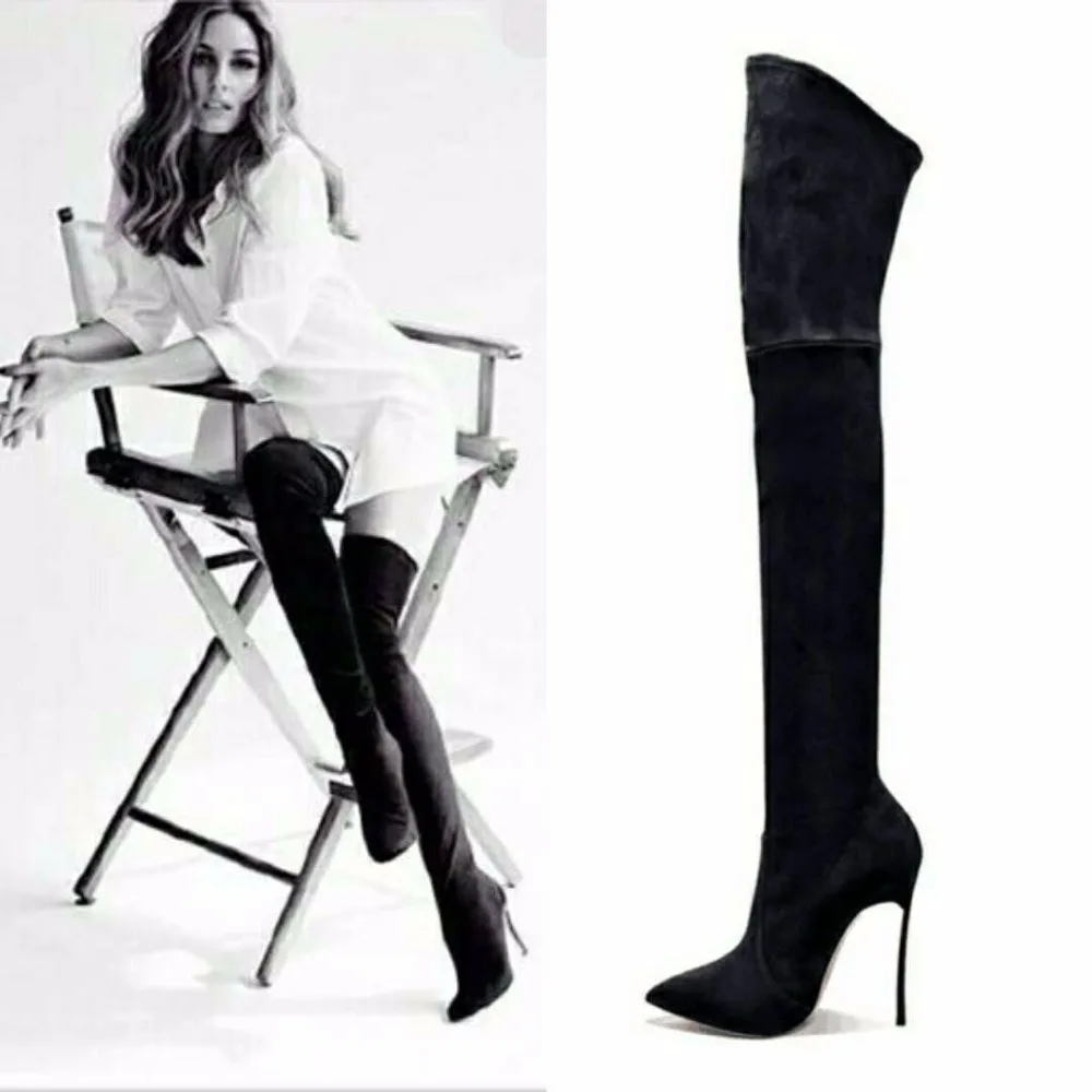 

2019 The Knee High Women Boots Faux Suede Stretch Slim Boots Fashion 12cm Heel Thigh High Boots Shoes Woman 42 Size Wedge Boots